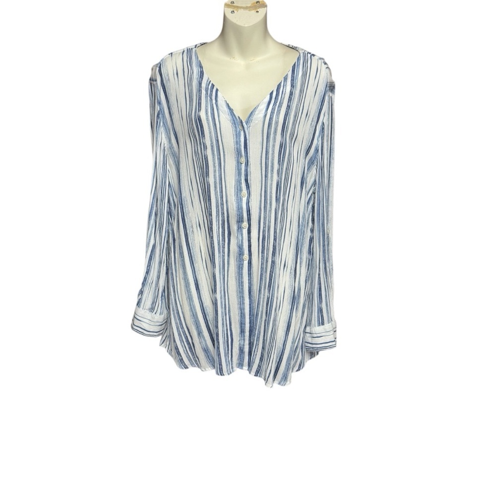 Style & Co size large blue/white Striped Button-Up Blouse